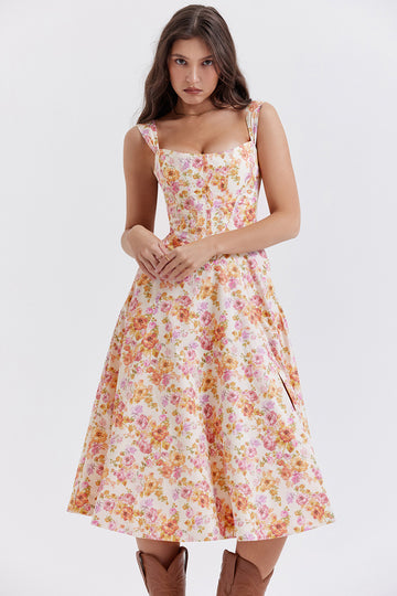 Woochic robe cocktail imprimée à bretelles fendue orange S